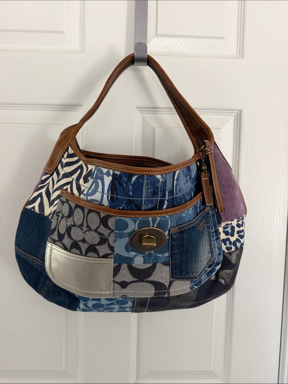 Coach Denim  Patchwork Shoulder Bag in Blue, Brown, Silver and Purple Vintage